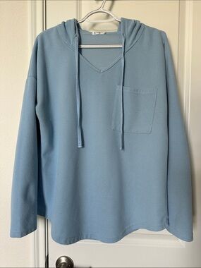 Morhuduck Light Blue Waffle Knit Vneck Hoodie with Pocket